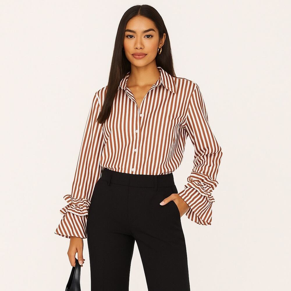 HARSHMAN Selina Shirt Red Stripes Long Sleeve Ruffle 100% Cotton Medium NEW